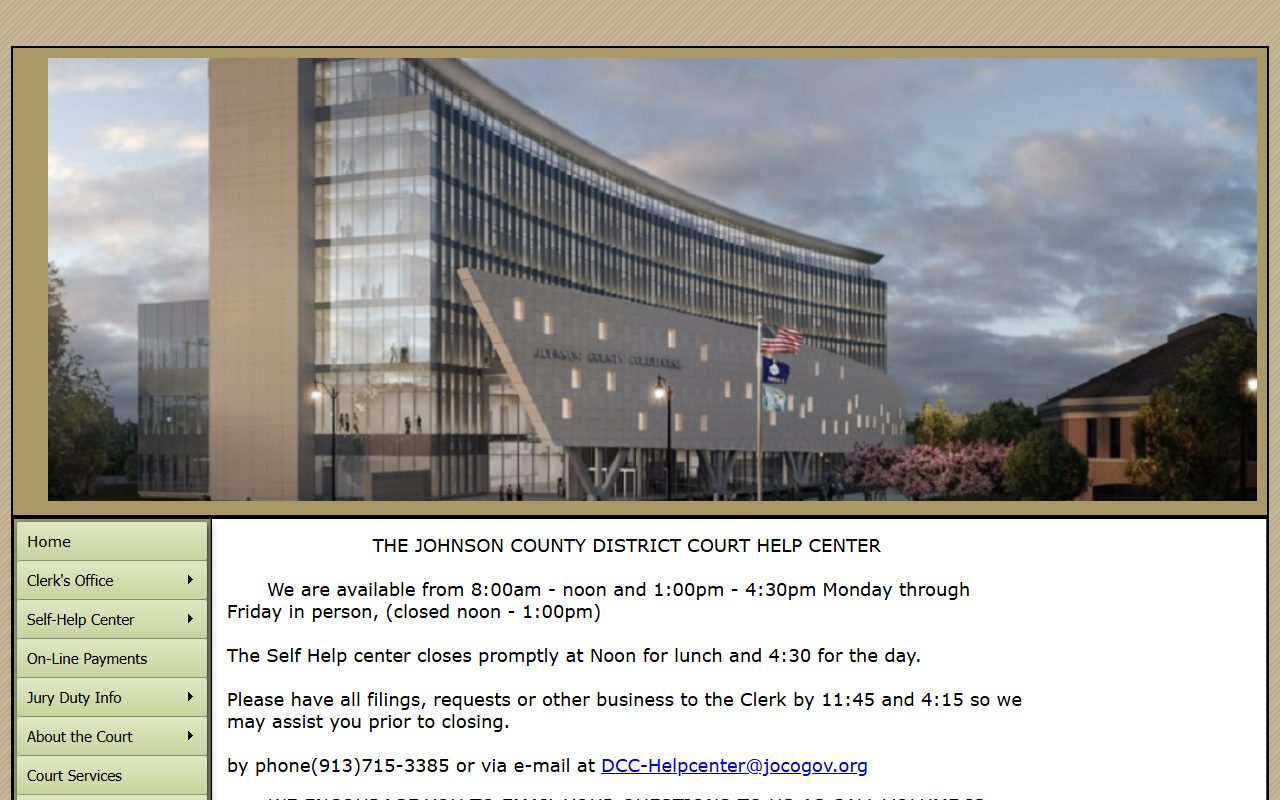 Johnson County District Court Help Center page for the Clerk of the District Court