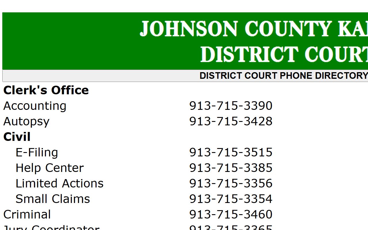 Johnson County court judge divisions, clerk units, and courtrooms for court dockets