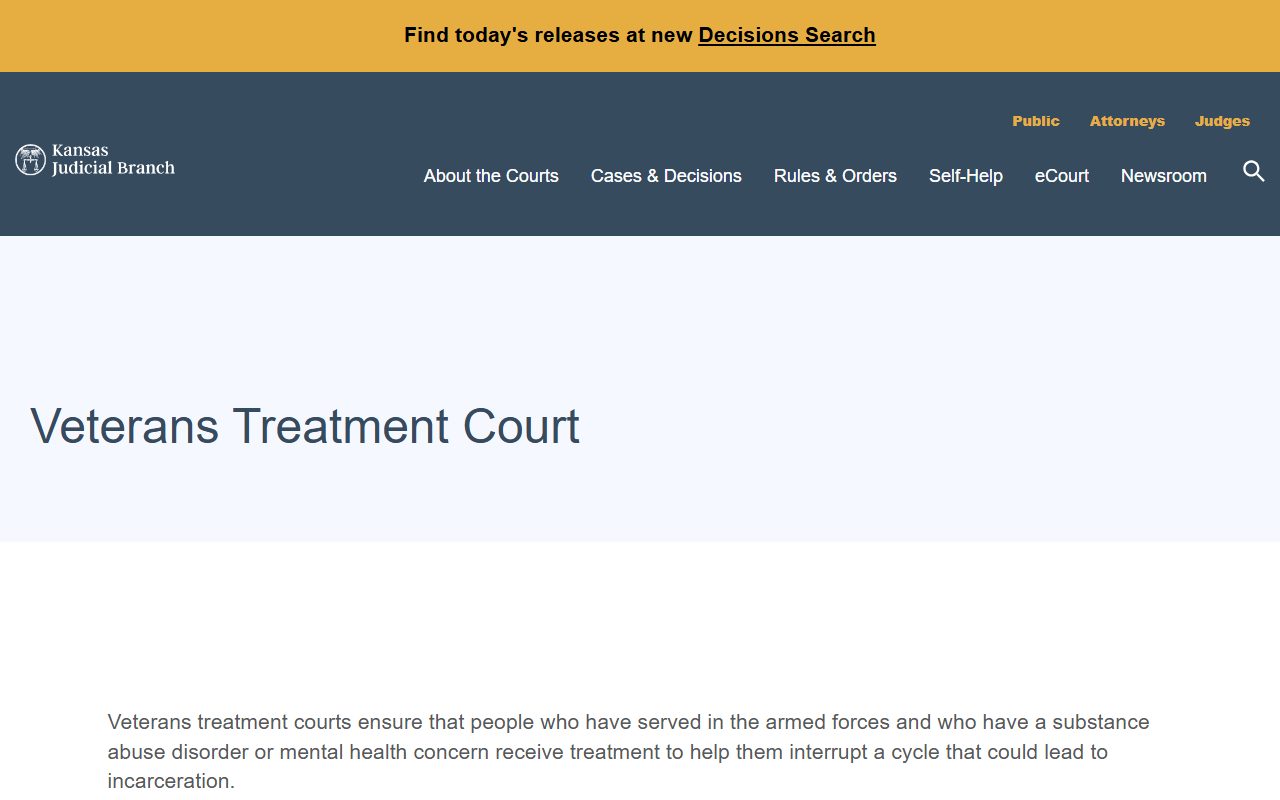 Kansas Veterans Treatment Court page listing the 10th Judicial District