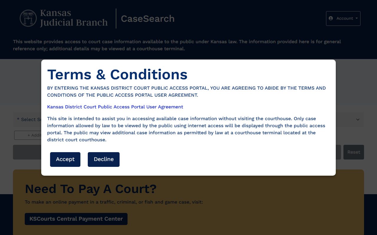 Kansas eCourt CaseSearch public access portal for Johnson County court records