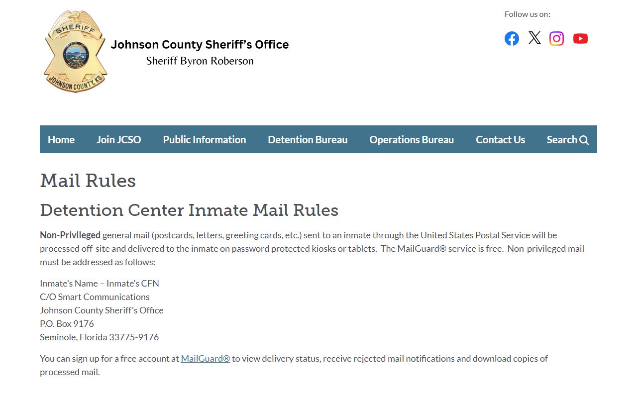 Johnson County detention mail and MailGuard rules for the jail population
