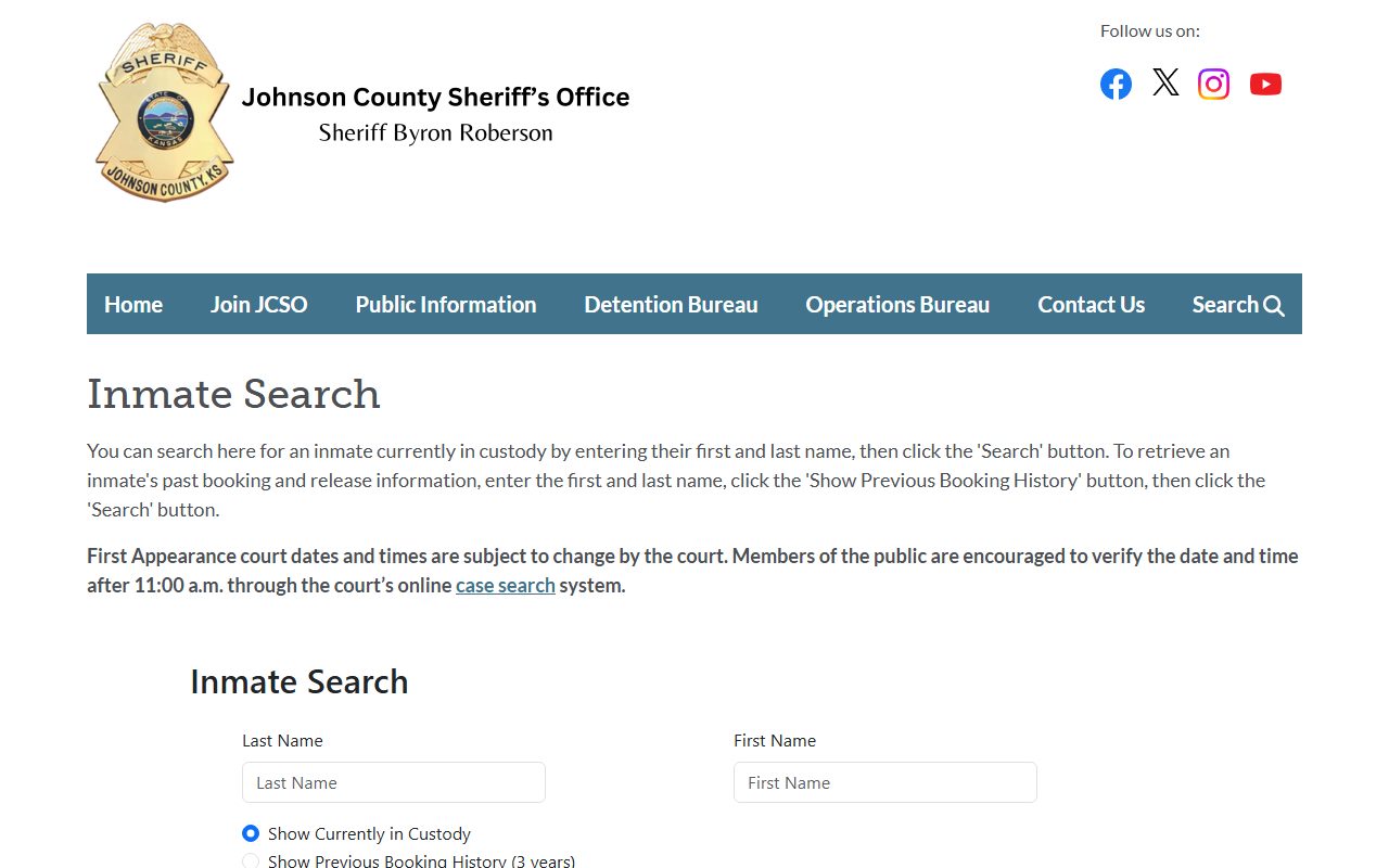 Johnson County Sheriff inmate search explanation page for the jail roster