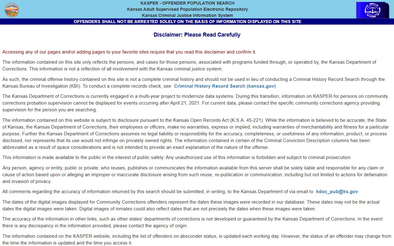 KASPER offender search disclaimer for Kansas state inmate records