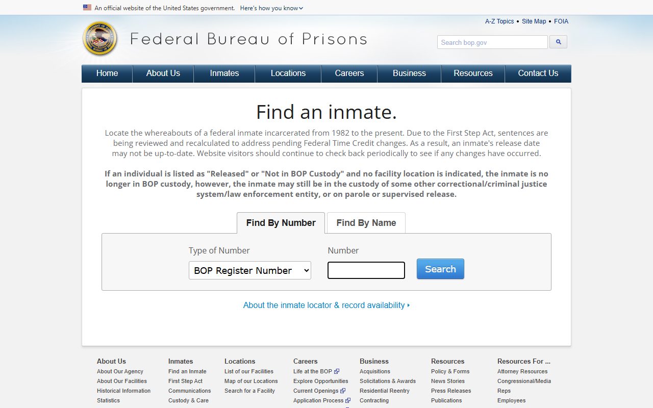 Federal Bureau of Prisons inmate locator for federal inmate records