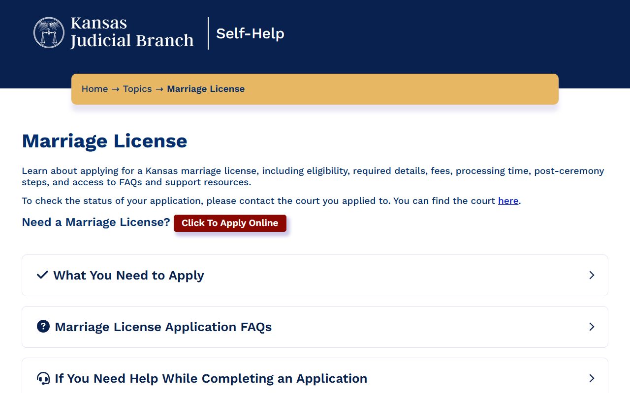 Kansas Judicial Branch marriage license self-help page for Johnson County marriage records