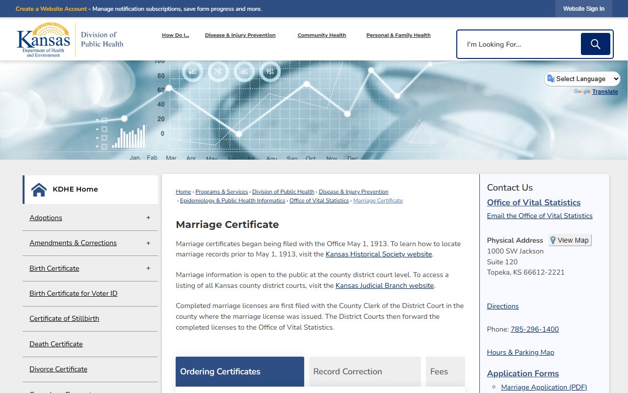 Kansas Office of Vital Statistics marriage certificate page for Johnson County marriage records