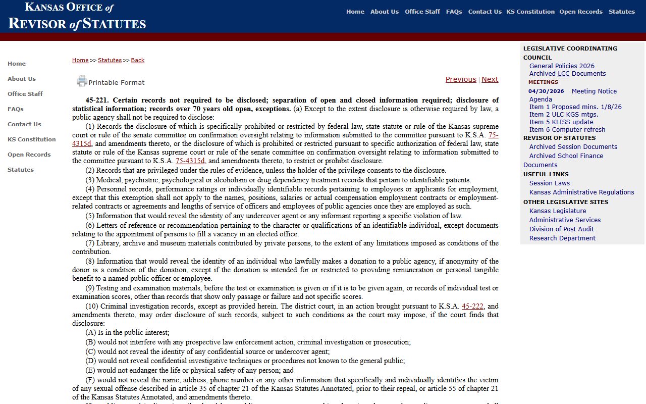 K.S.A. 45-221 KORA exemptions affecting Johnson County probate records