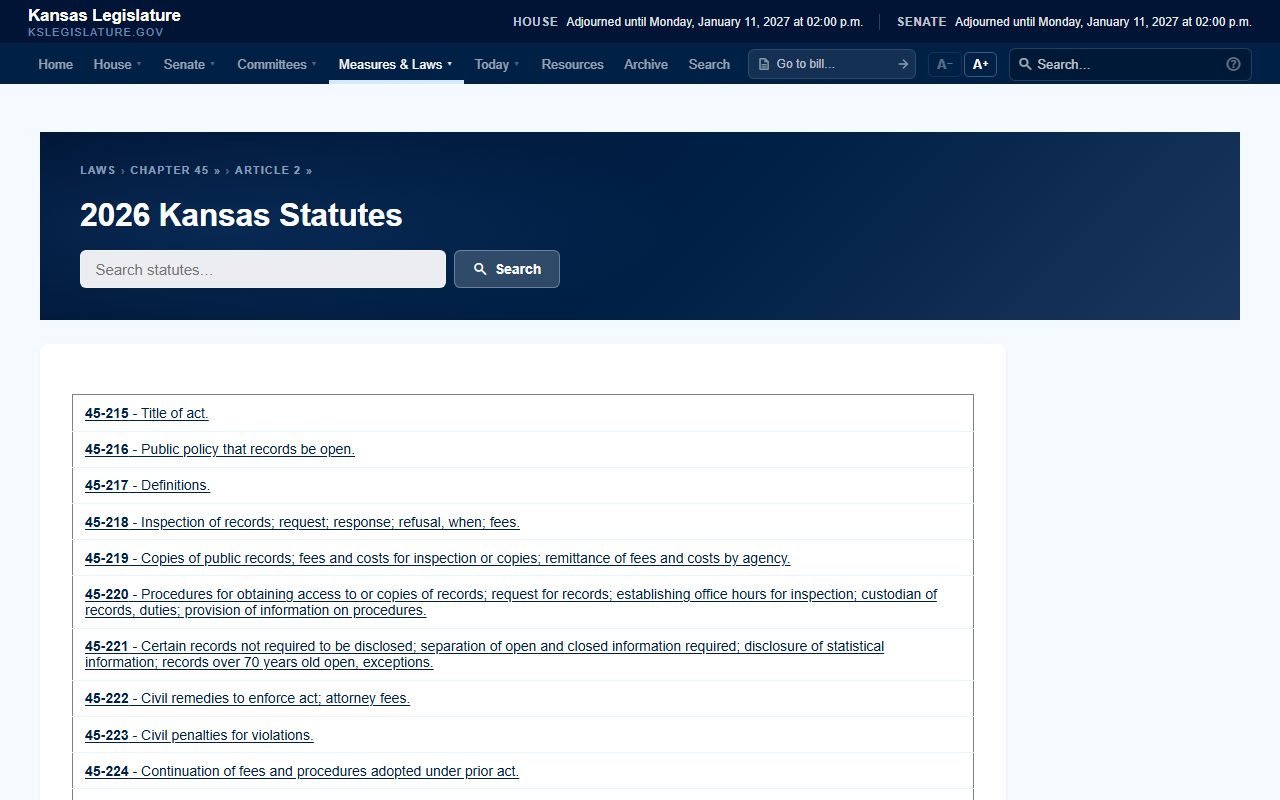 Kansas Open Records Act article index relevant to Johnson County probate records