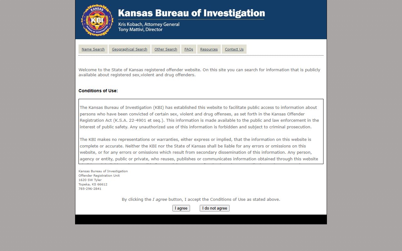 Kansas Bureau of Investigation registered offender registry public record