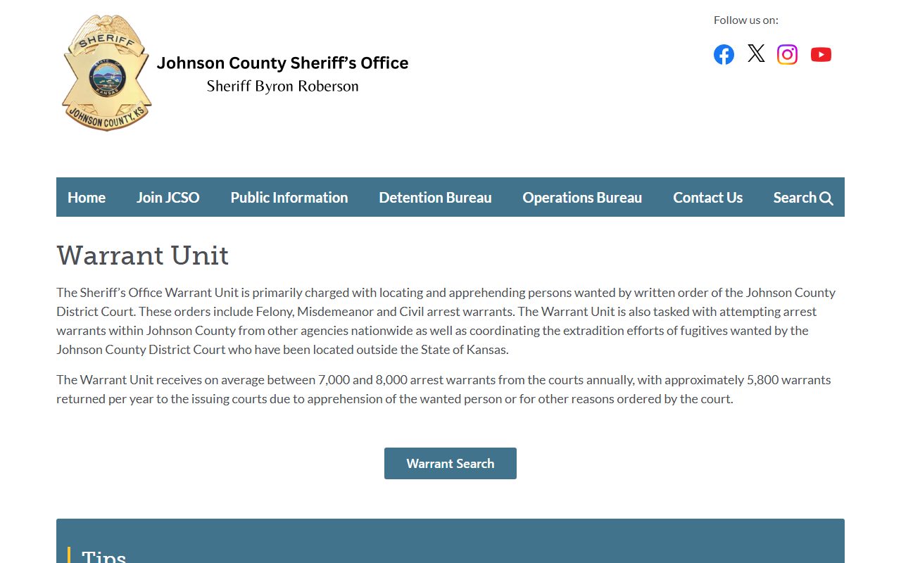Johnson County Sheriff Warrant Unit duties and warrant volume for warrant records