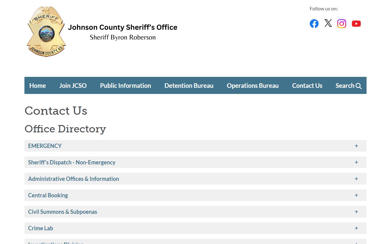 Johnson County Sheriff office directory and Warrant Division contact for warrant records